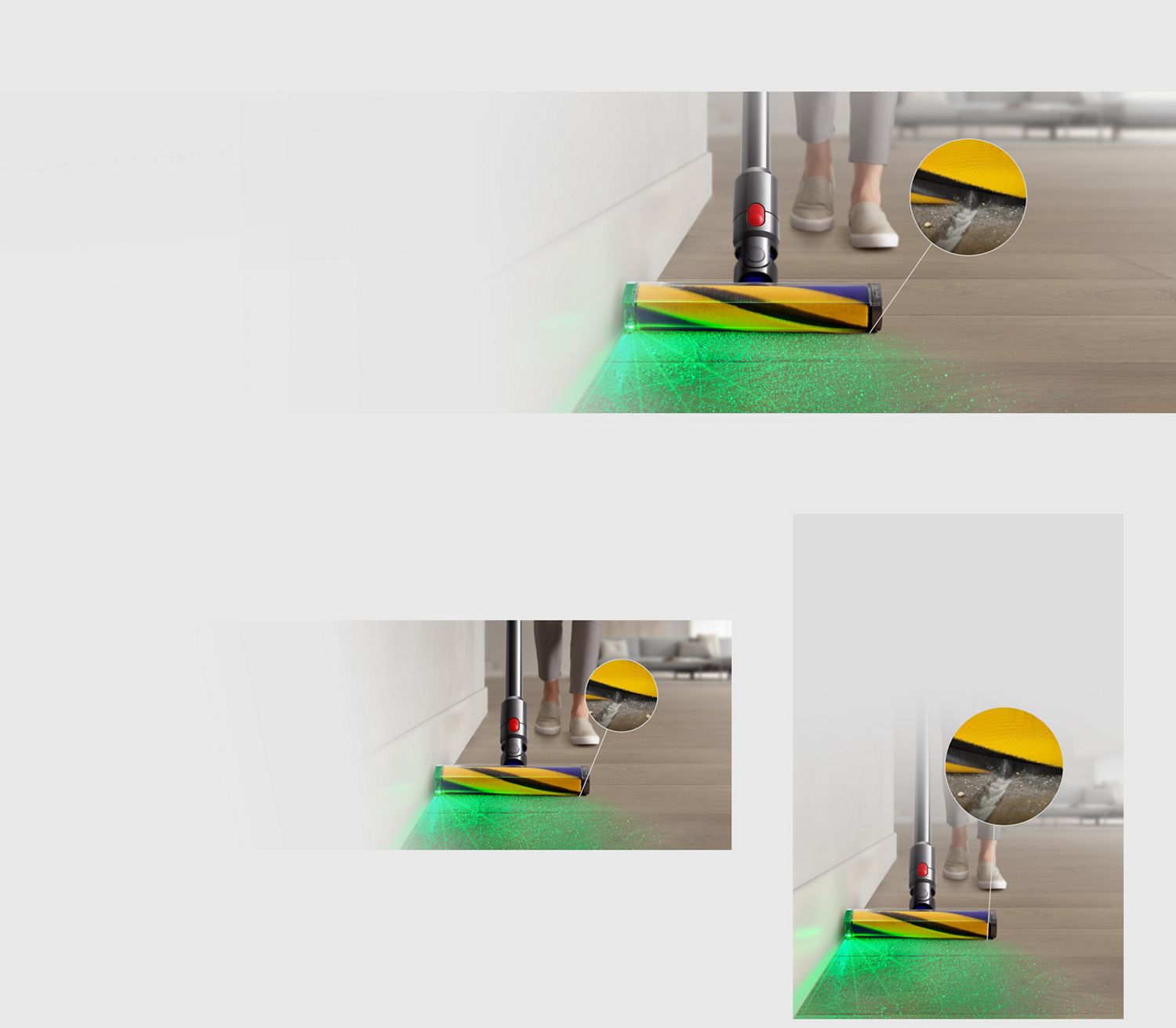 Front view of the Fluffy Optic cleaner head vacuuming and illuminating dust, with a close-up showing a crevice being cleaned.