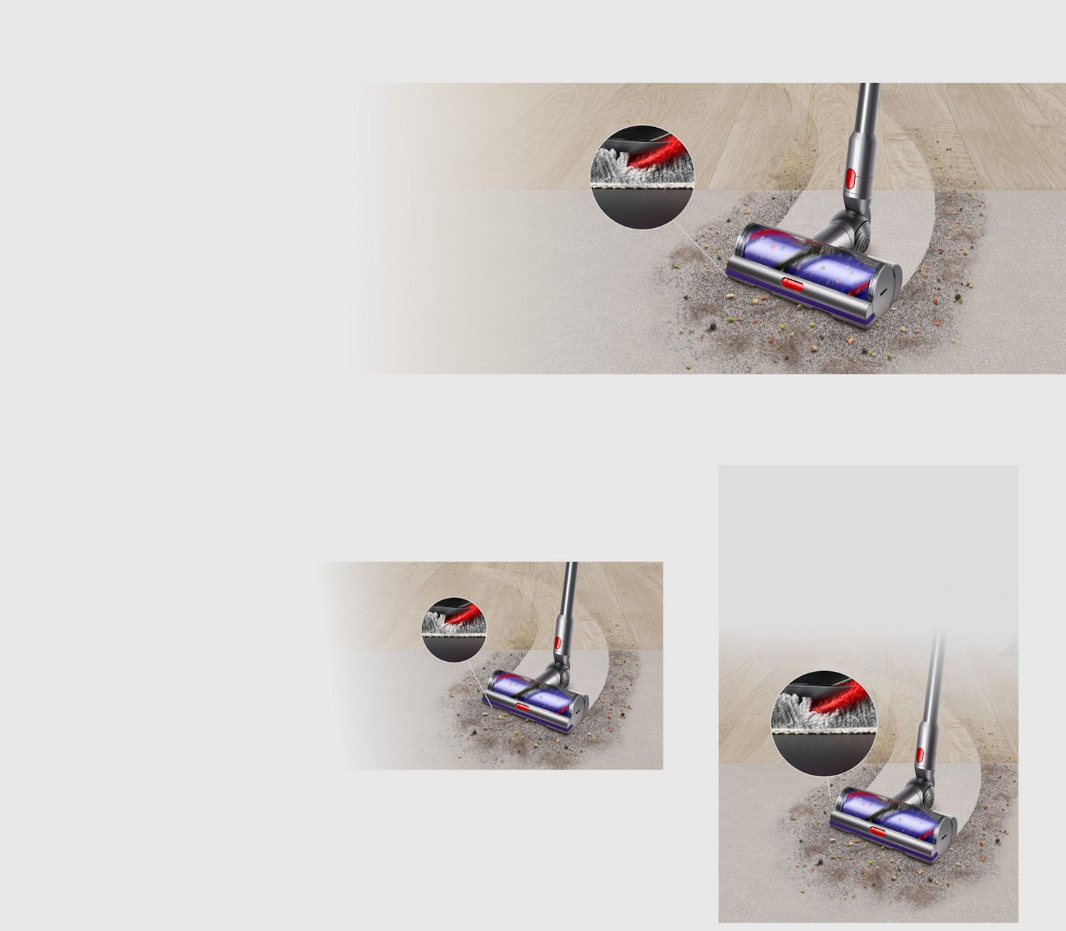 Front view of the Digital Motorbar cleaner head vacuuming hard floor and carpet, with a close-up of carpet bristles being cleaned.