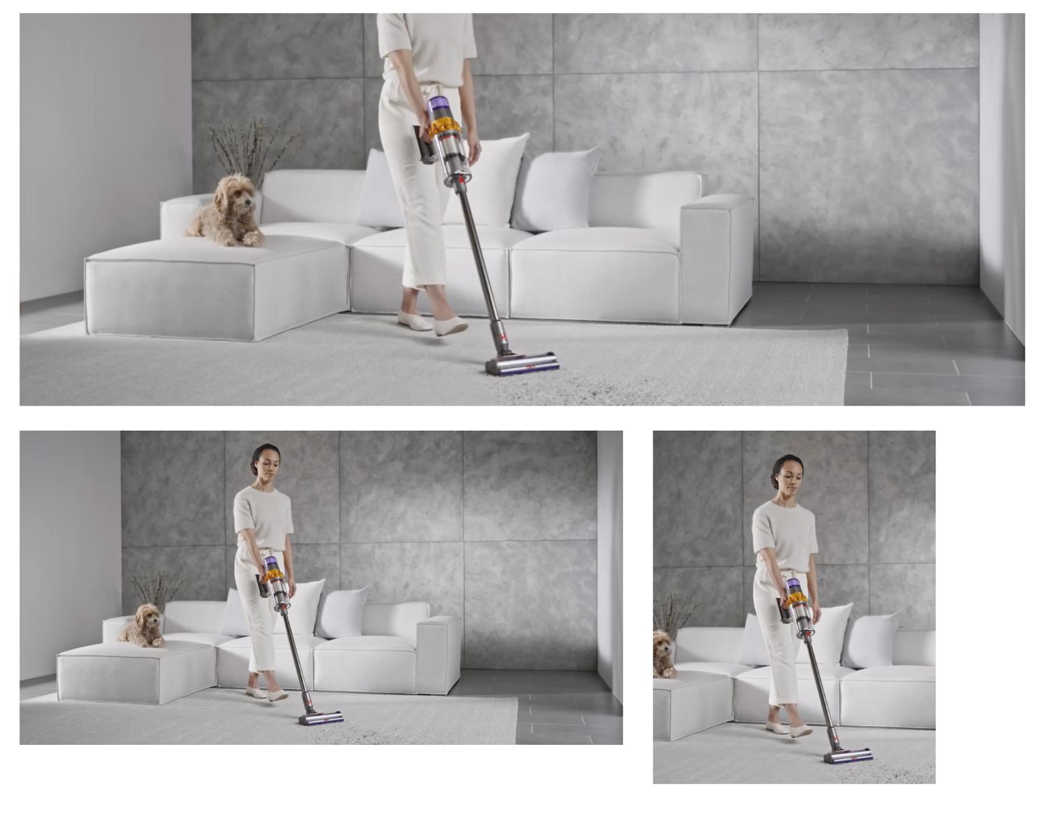 The Dyson V15s Detect Submarine wet and dry vacuum cleaner deep cleans a tile floor.