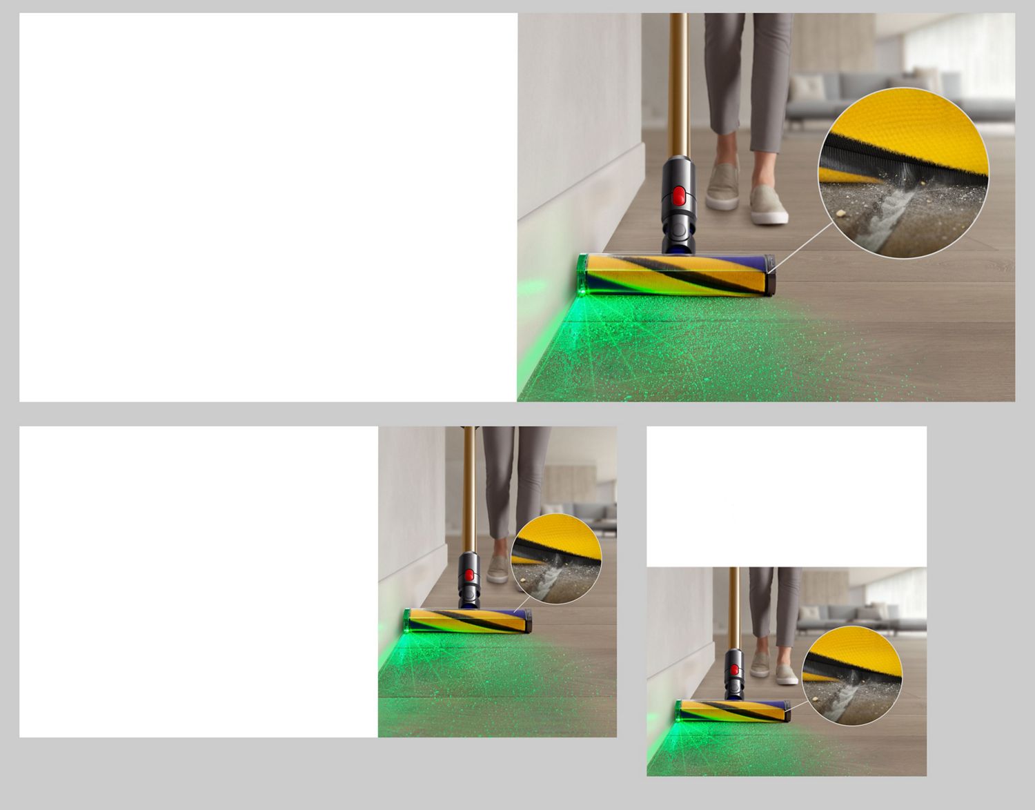 The Fluffy Optic cleaner head illuminates hidden dust on a hard floor. The Fluffy Optic cleaner head illuminates hidden dust on a hard floor.