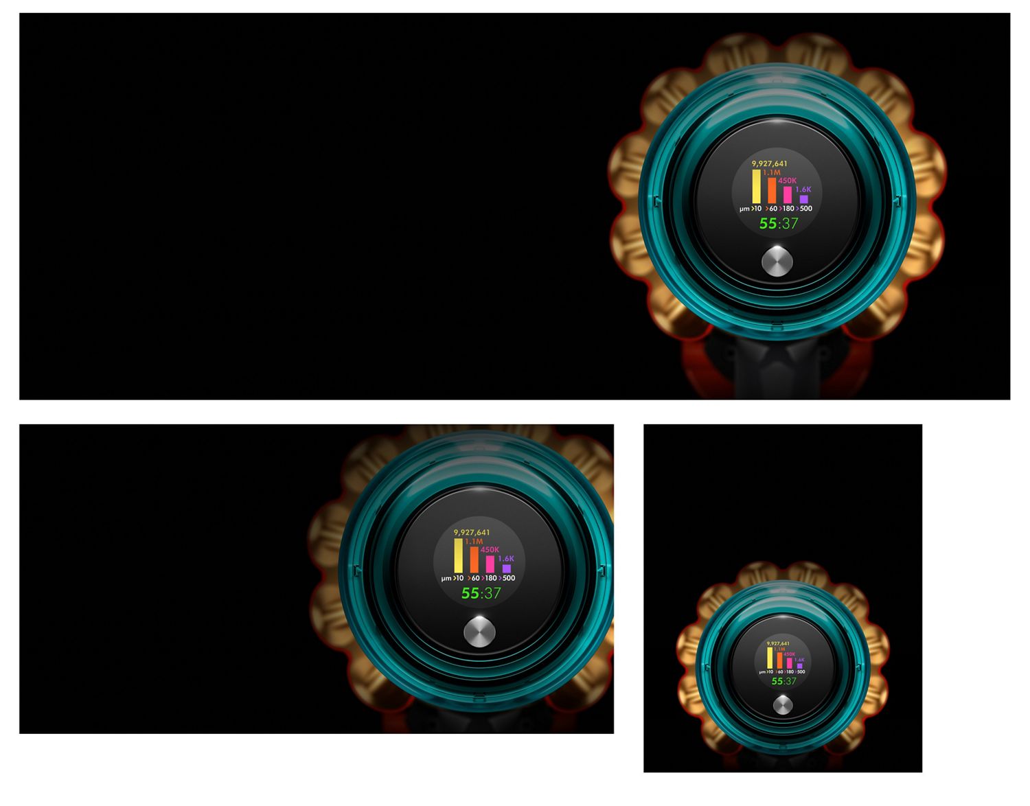 The Dyson V15s Detect Submarine wet and dry vacuum cleaner's LCD screen. The Dyson V15s Detect Submarine wet and dry vacuum cleaner's LCD screen.