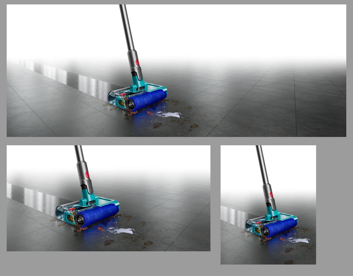The Dyson V15s Detect Submarine wet and dry vacuum cleaner deep cleans a tile floor.