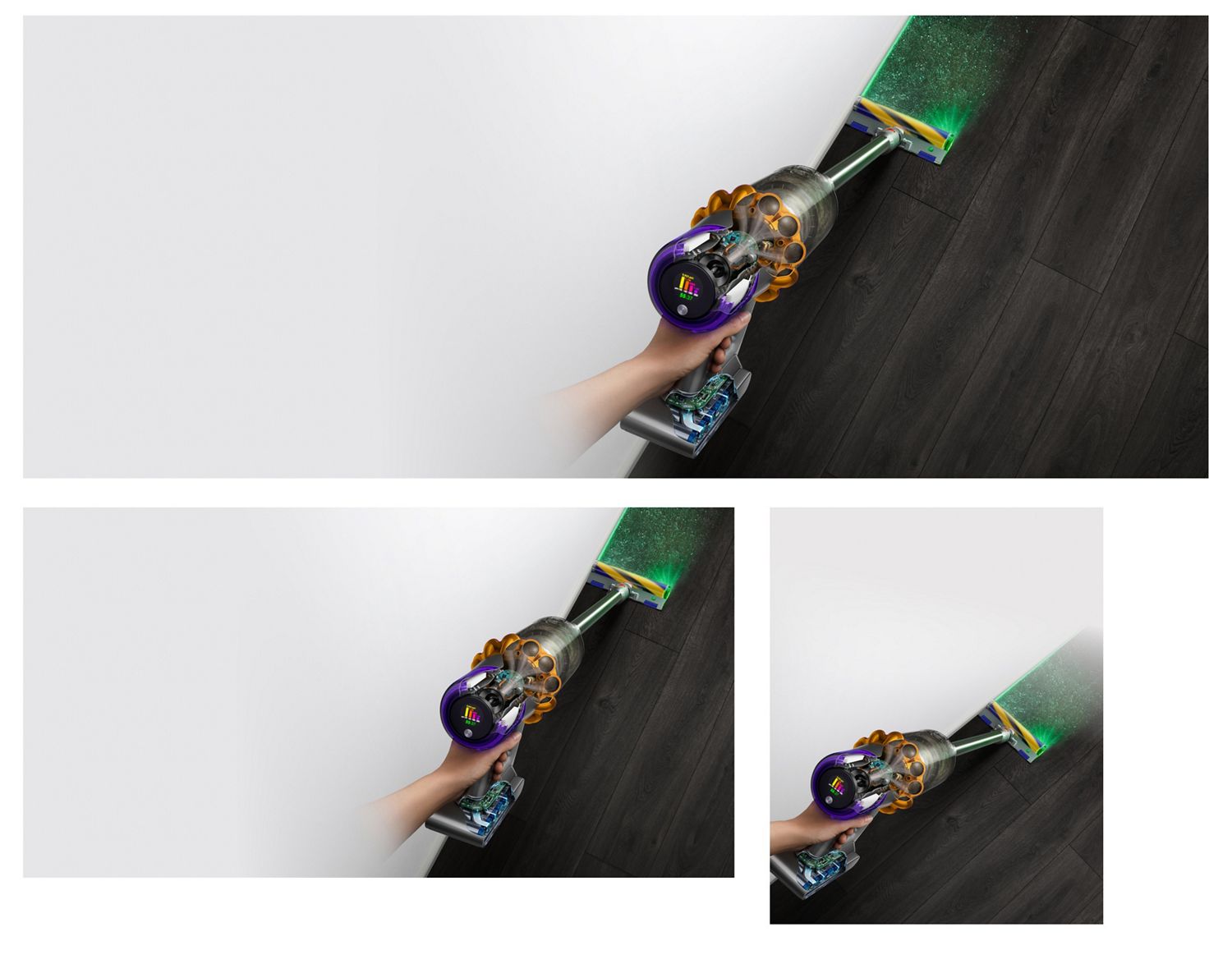 The Dyson V15s Detect Submarine wet and dry vacuum cleaner illuminates and cleans dust from a hard floor. The Dyson V15s Detect Submarine wet and dry vacuum cleaner illuminates and cleans dust from a hard floor.