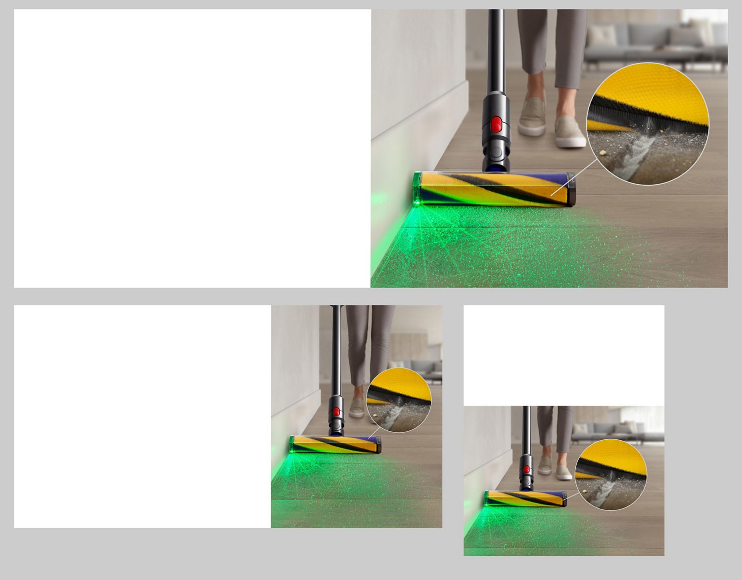 The Fluffy Optic cleaner head illuminates hidden dust on a hard floor. The Fluffy Optic cleaner head illuminates hidden dust on a hard floor.