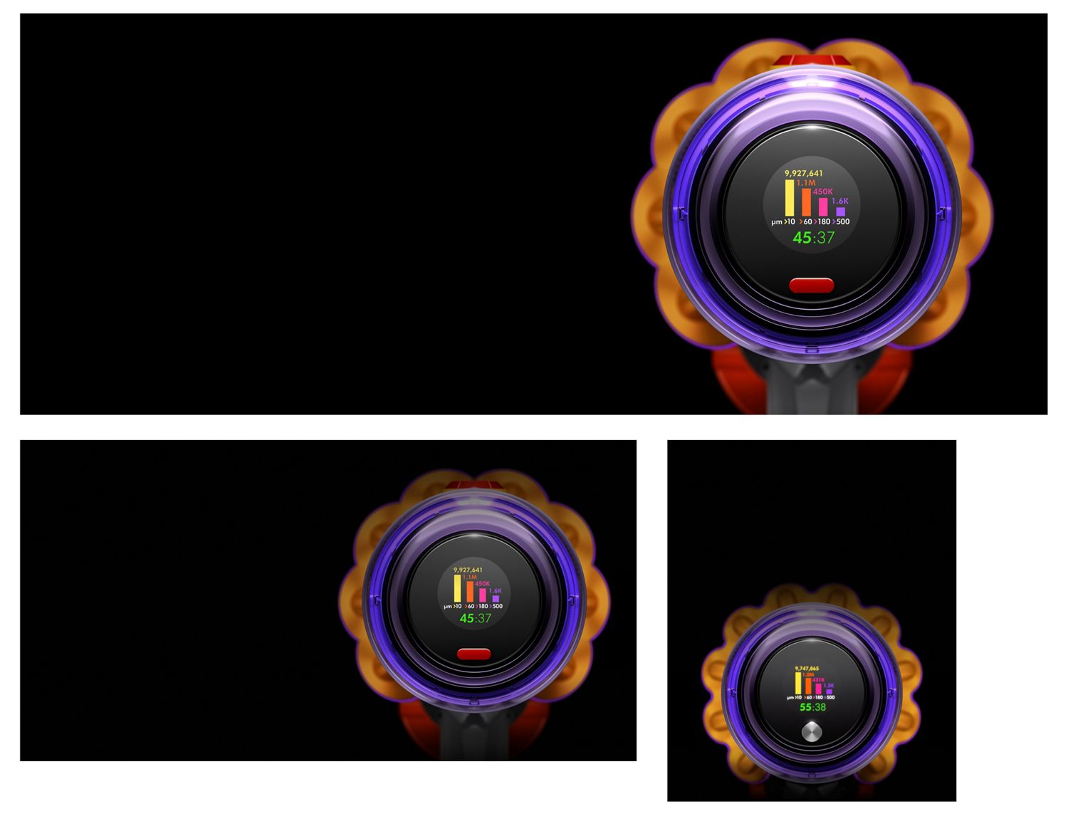 The Dyson V15s Detect Submarine wet and dry vacuum cleaner's LCD screen. The Dyson V15s Detect Submarine wet and dry vacuum cleaner's LCD screen.