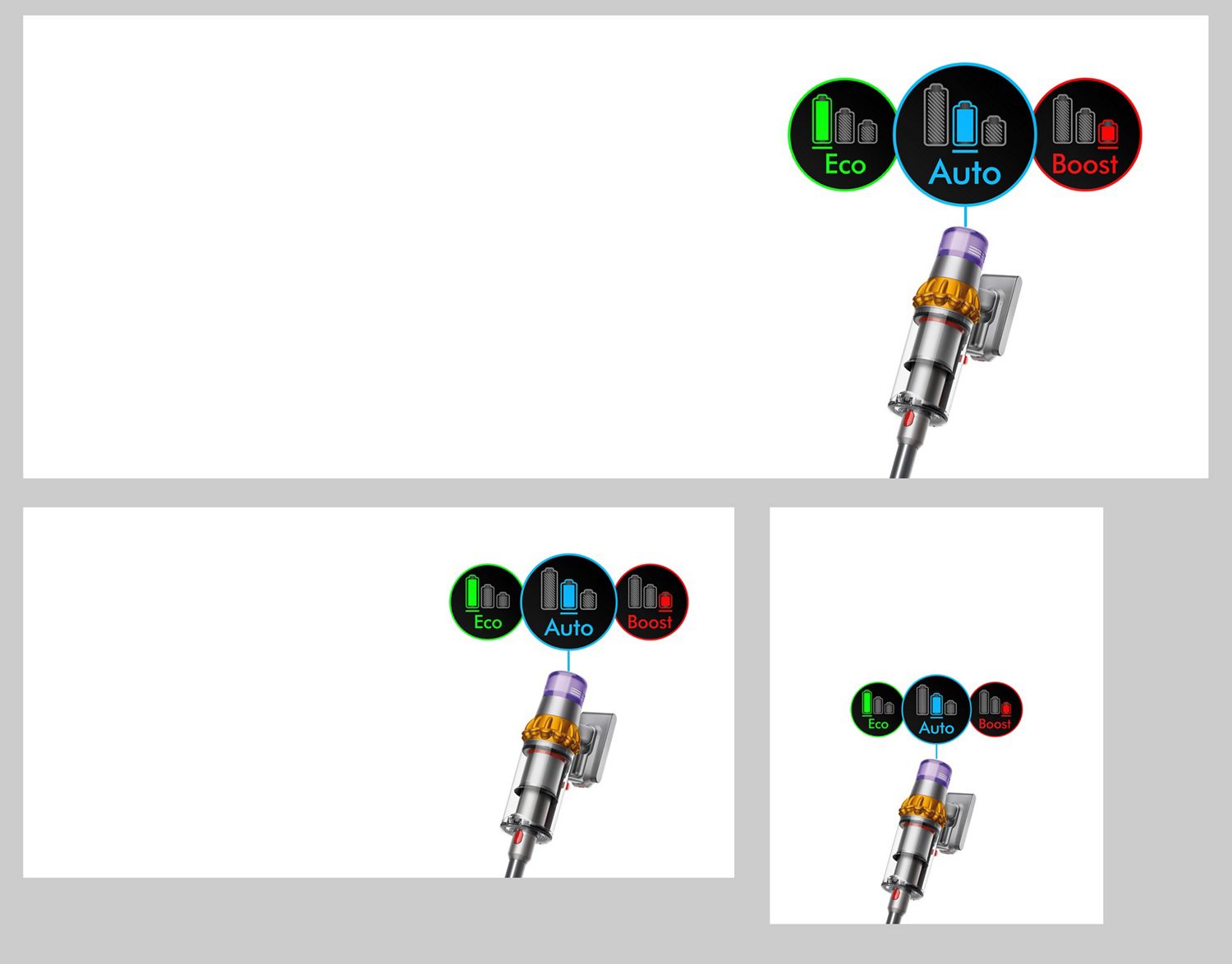 The three power modes as seen on the LCD screen of the Dyson V15s Detect Submarine. The three power modes as seen on the LCD screen of the Dyson V15s Detect Submarine.