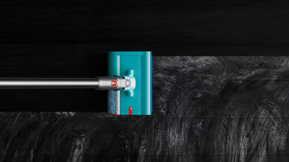 Der elektrische Dyson V15s Bodenaufsatz mit Nass-Walze reinigt einen Boden, ohne dabei Schlieren zu hinterlassen.
