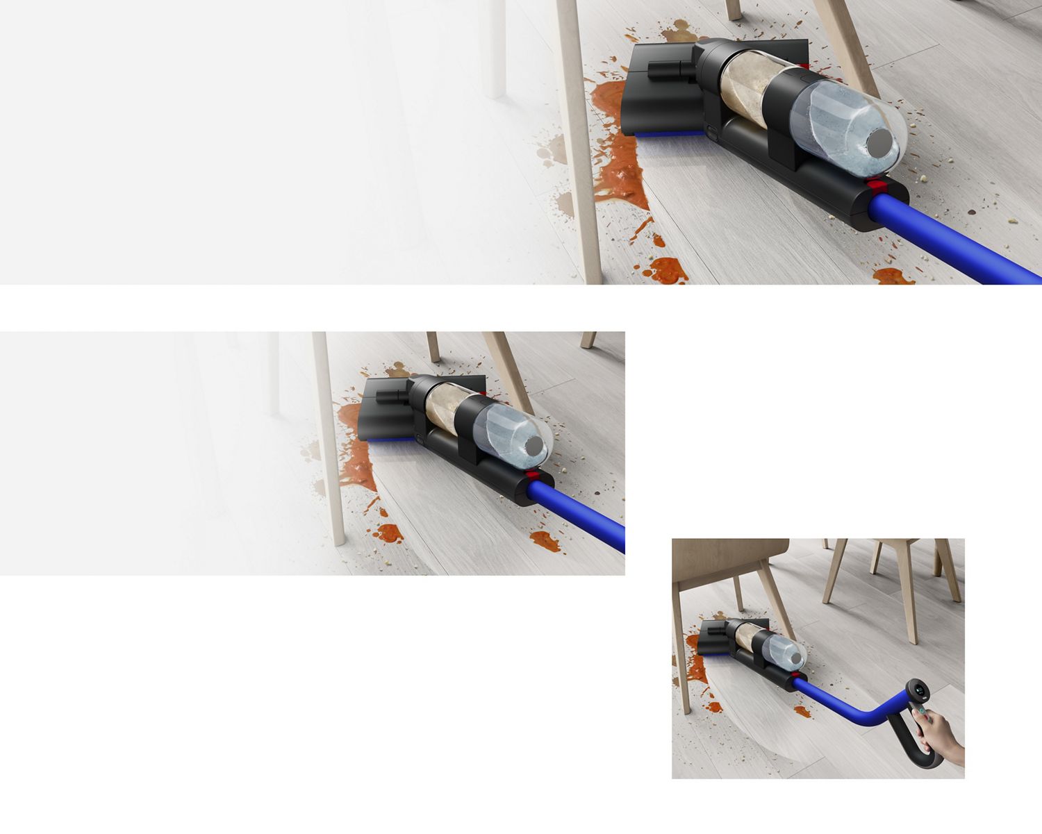 Dyson Wash G1 wet floor cleaner washing underneath a table and chairs. Dyson Wash G1 wet floor cleaner washing underneath a table and chairs.