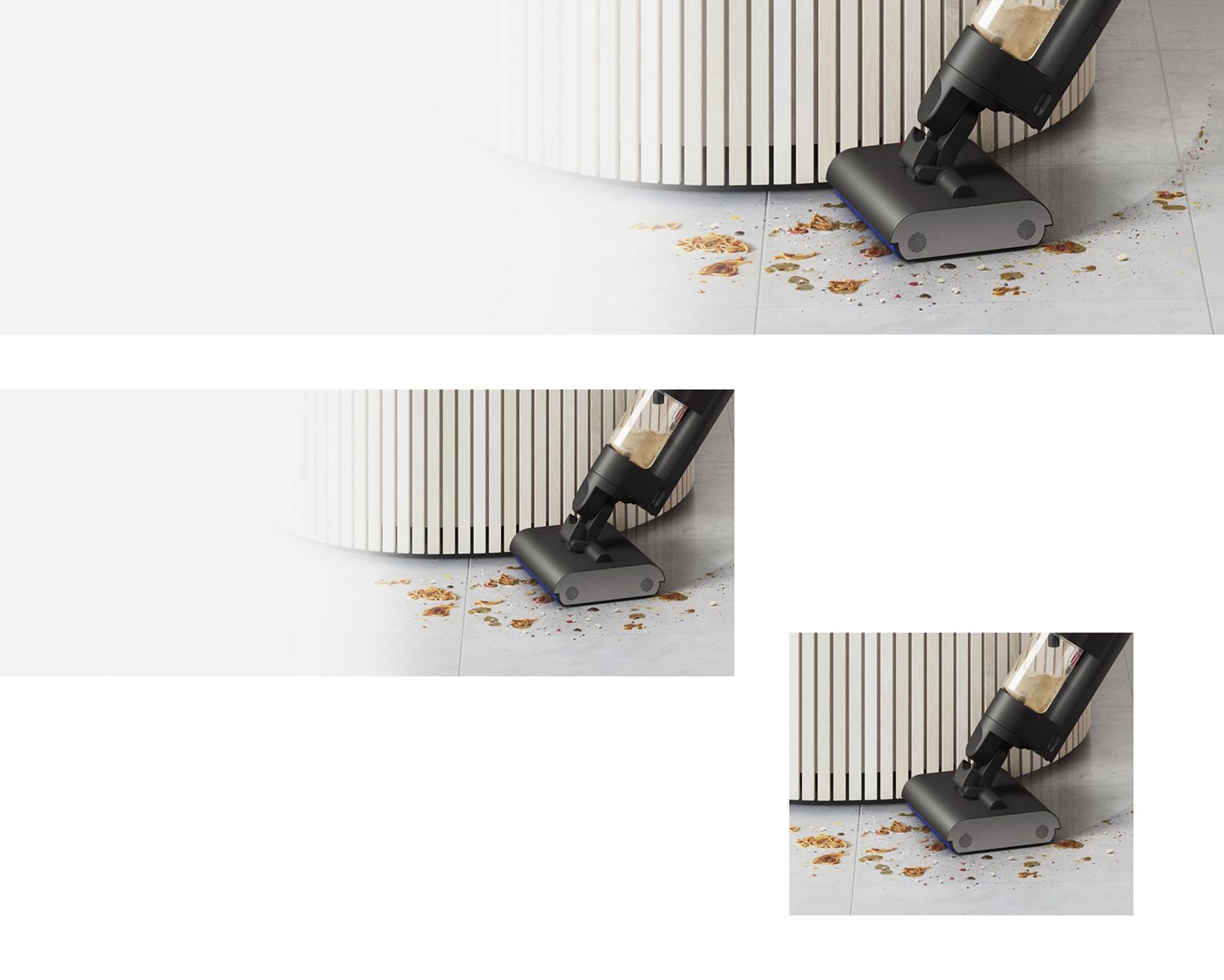 Closer view of the Dyson Wash G1 wet floor cleaner manoeuvring around a circular obstacle. The Dyson Wash G1 wet floor cleaner manoeuvring around a circular obstacle.