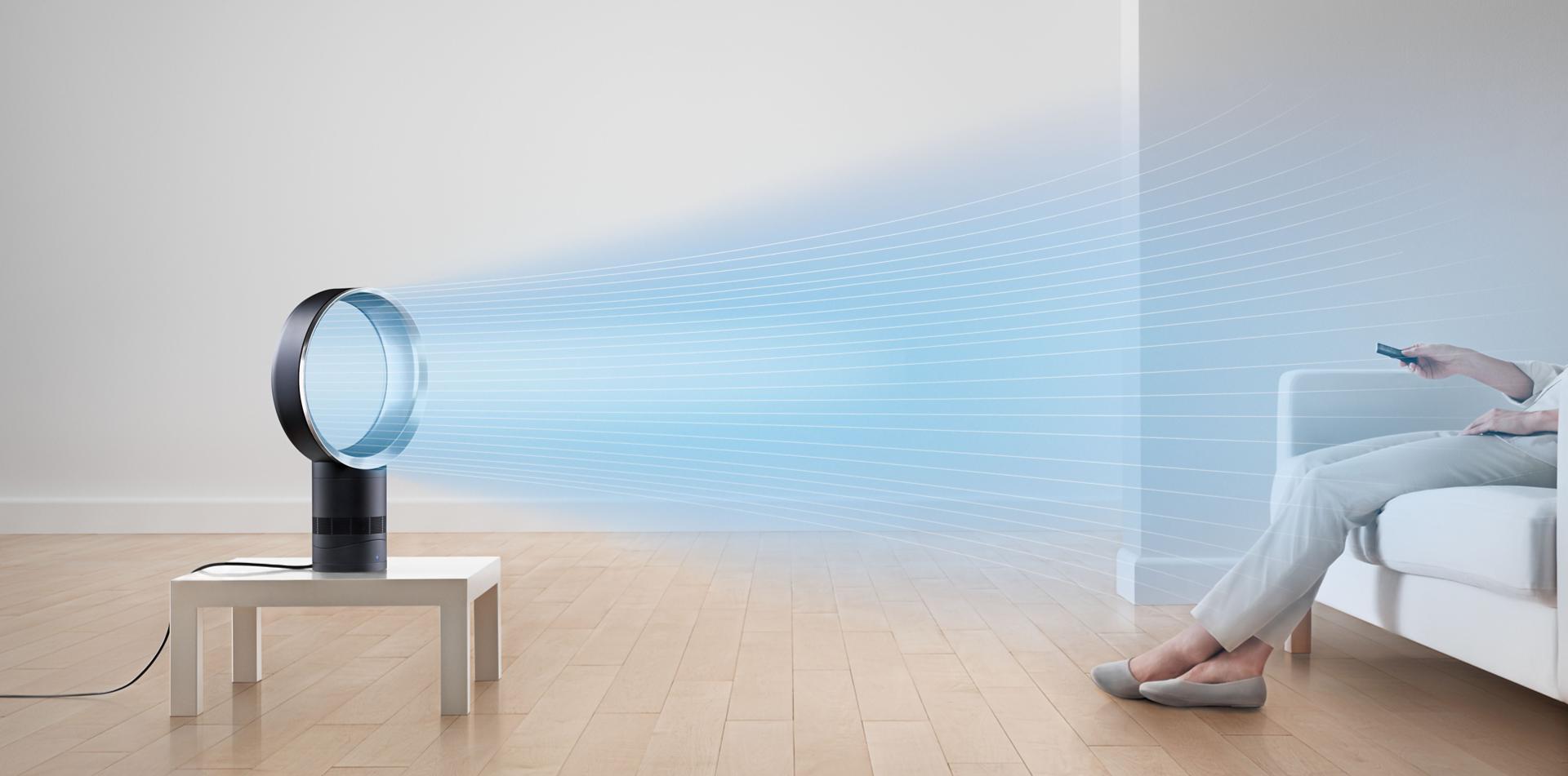 Dyson fan in living room with airflow schematic