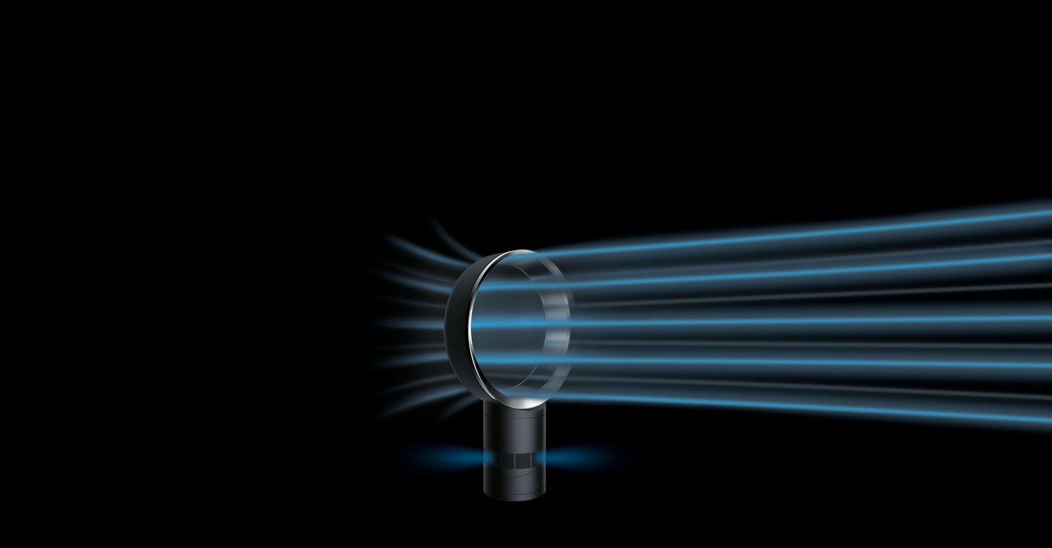 Ventilateur Dyson noir nickel suivant Gros plan sur le ventilateur Dyson et le flux d’air