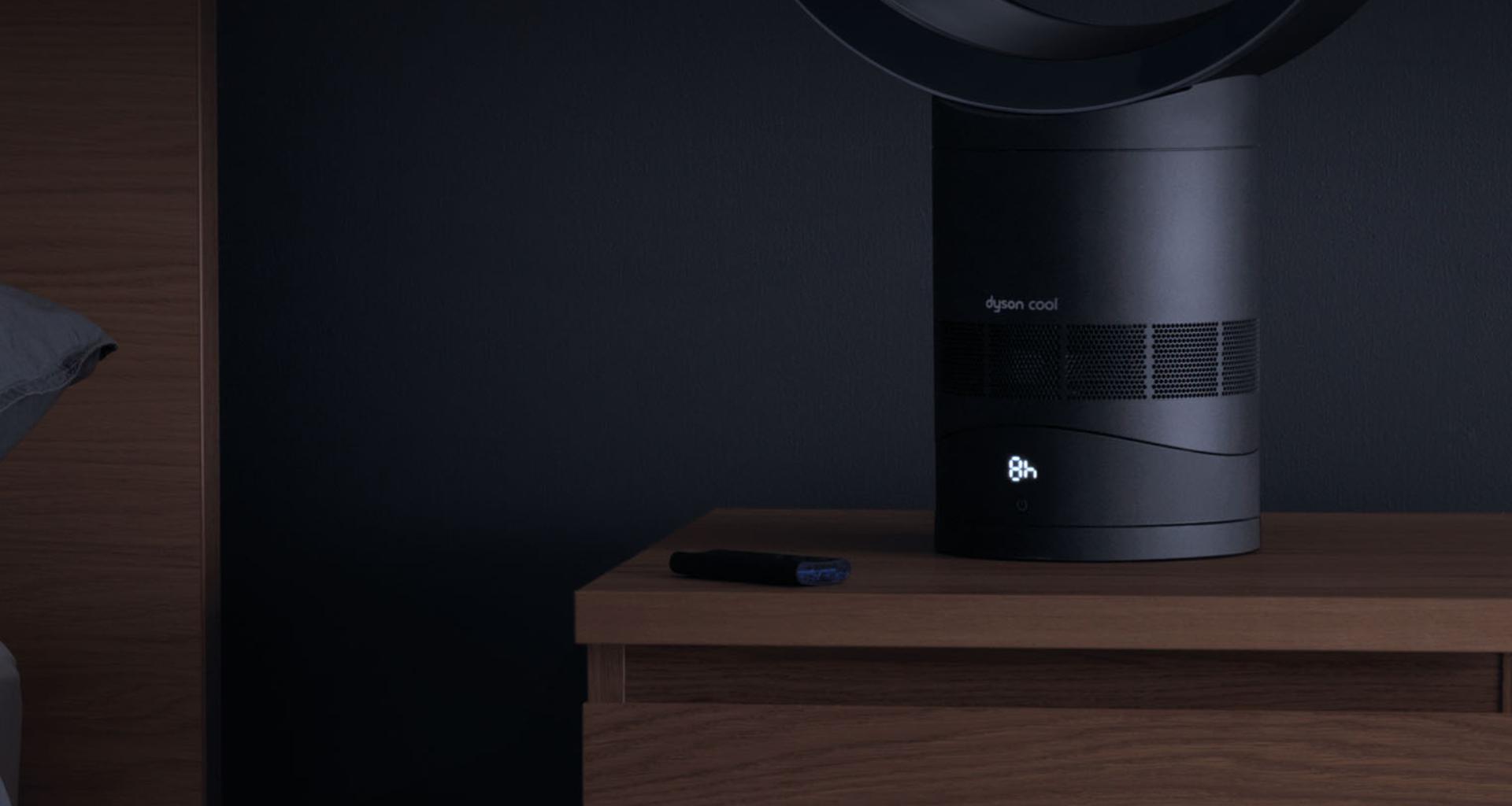 Dyson fan on table at nighttime