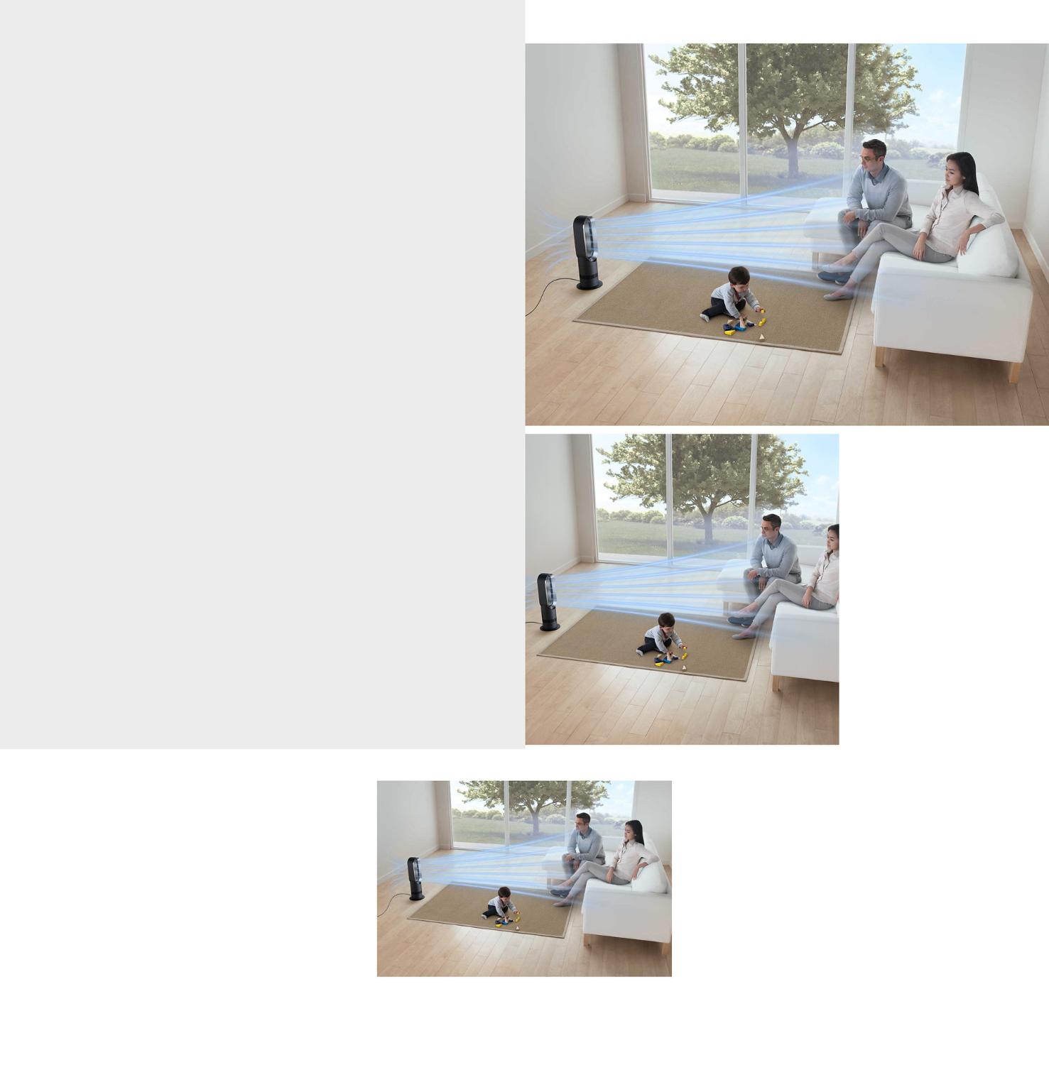 A family relax in a living room where a child plays on the rug, as a Dyson fan cools the room.