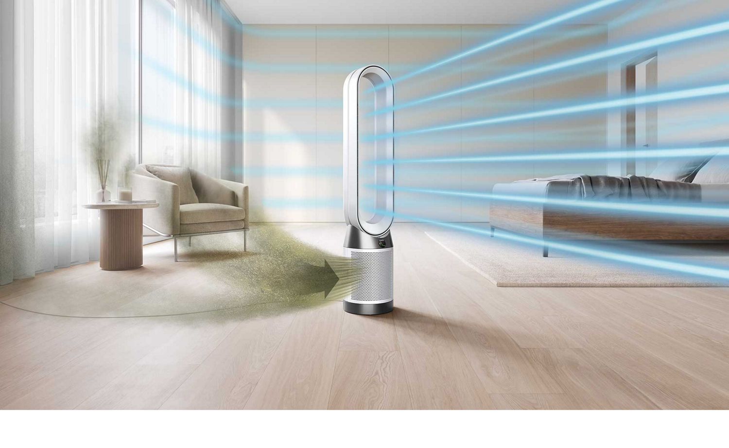Dyson Purifier Cool PC1 circulating purified air throughout a large living room.