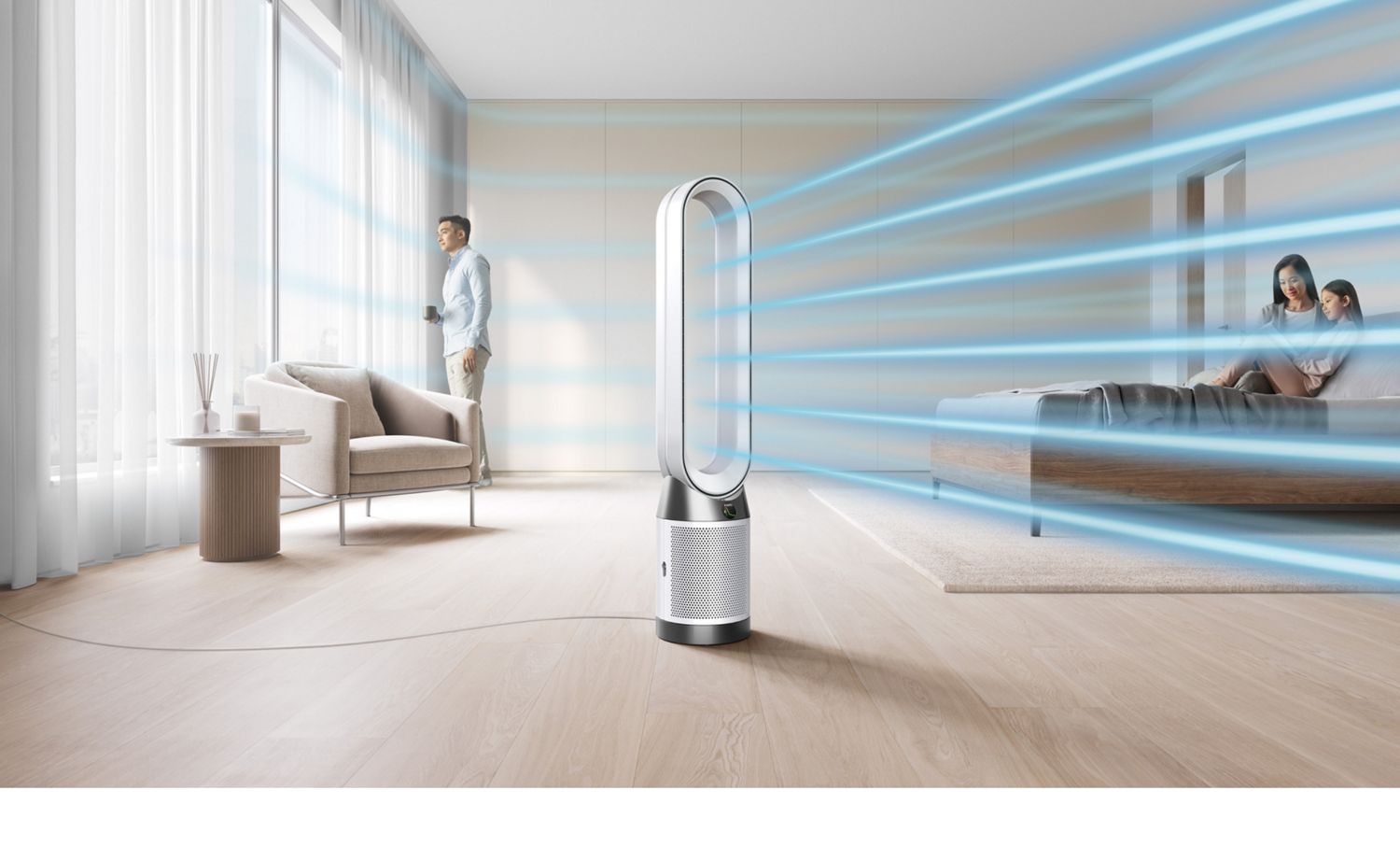  Dyson Purifier Cool PC1 in a living room blowing cool air. 