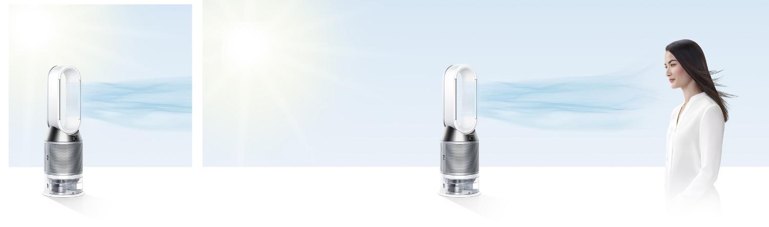 Frau erhält direkten kühlenden Luftstrom vom Dyson Pure Humidify+Cool Luftreiniger und -befeuchter
