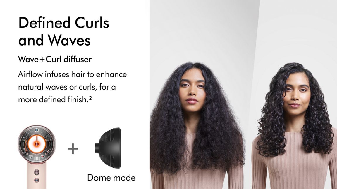 A model with curly hair shown before and after using the Dyson Supersonic Nural hair dryer to style her hair in smooth enhanced natural curls.