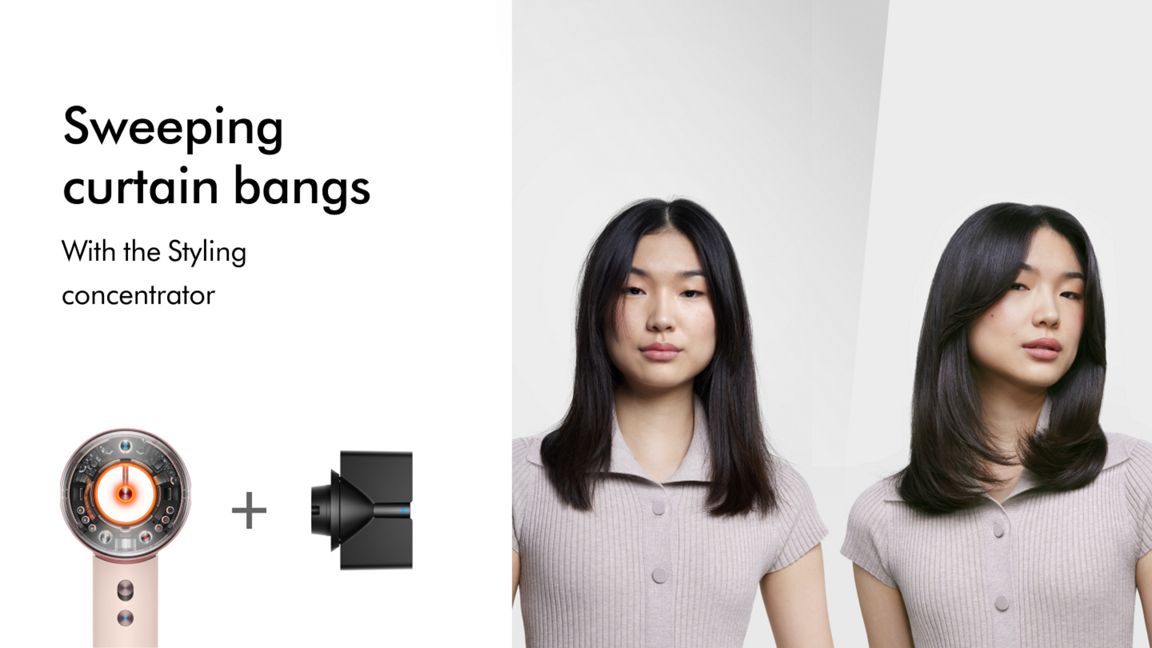 A model with smooth and straight dark hair shown before and after using the Dyson Supersonic Nural hair dryer to style her hair in a short sleek bob.