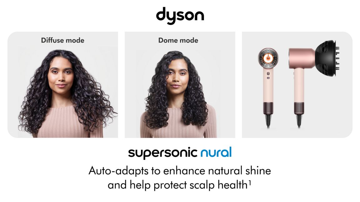 The Dyson Supersonic Nural hair dryer with an example of an end styling result after using diffuse mode and dome mode