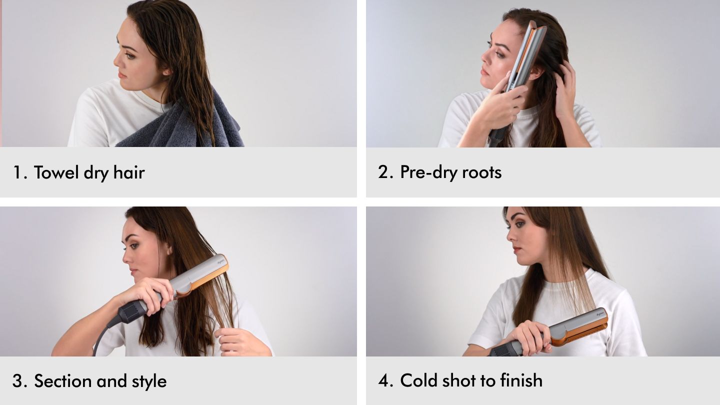 A grid of four images shows a model demonstrating the steps to use the Dyson Airstrait straightener, including drying and styling.