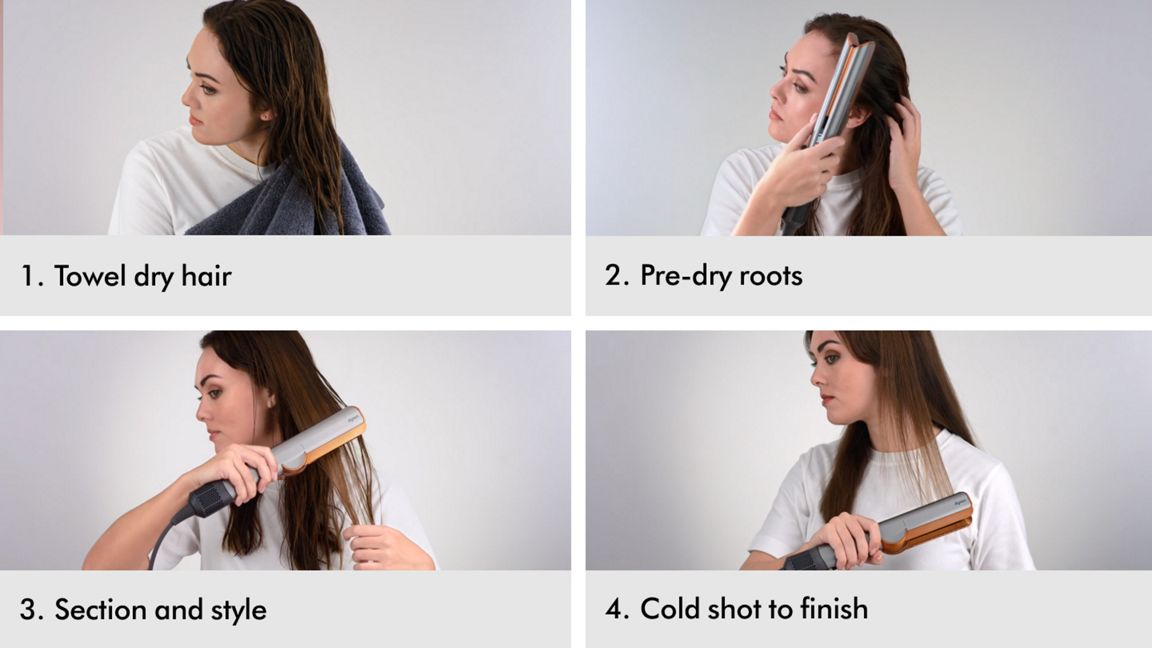 A grid of four images shows a model demonstrating the steps to use the Dyson Airstrait straightener, including drying and styling.