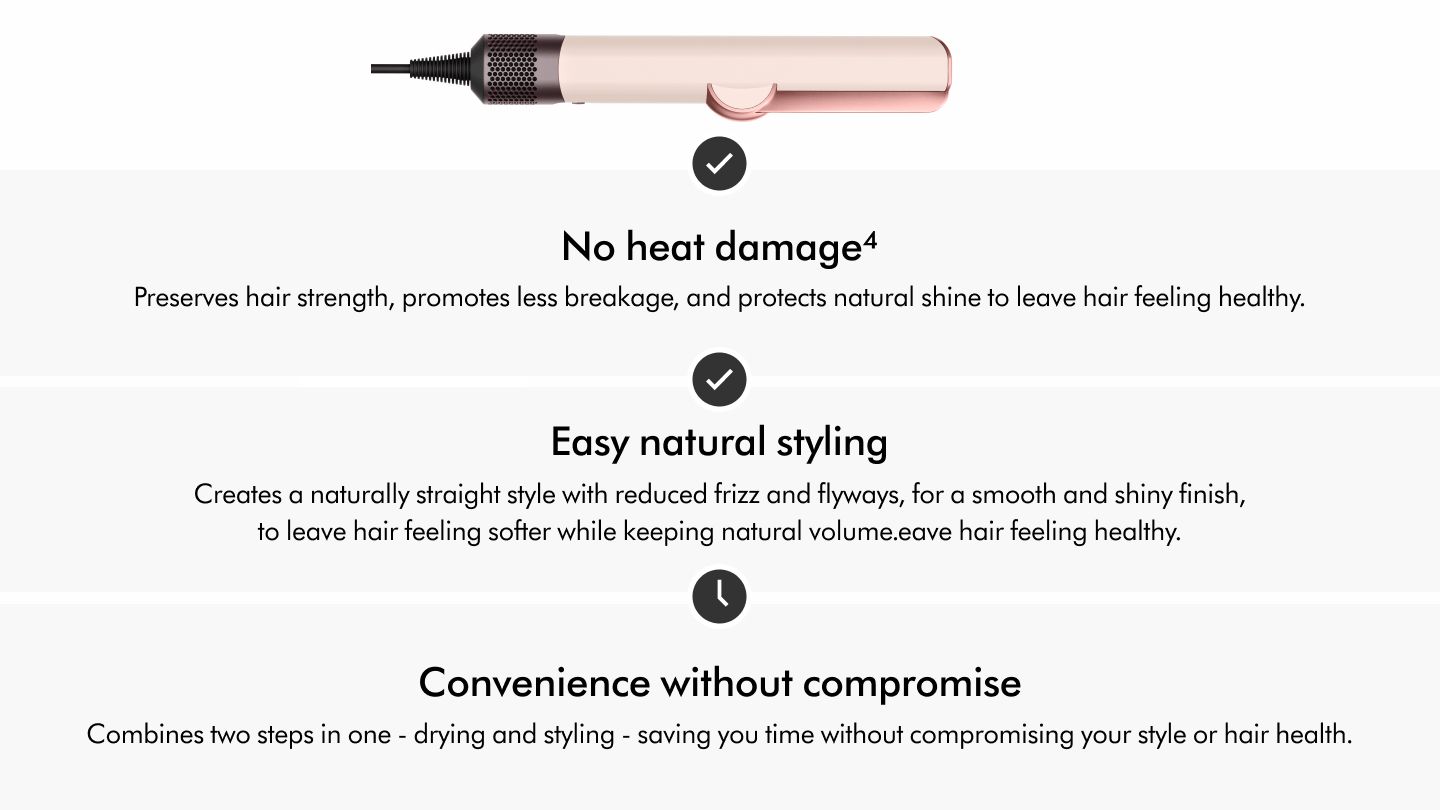 The Dyson Airstrait straightener key benefits, no heat damage, easy natural styling, and convenience without compromise