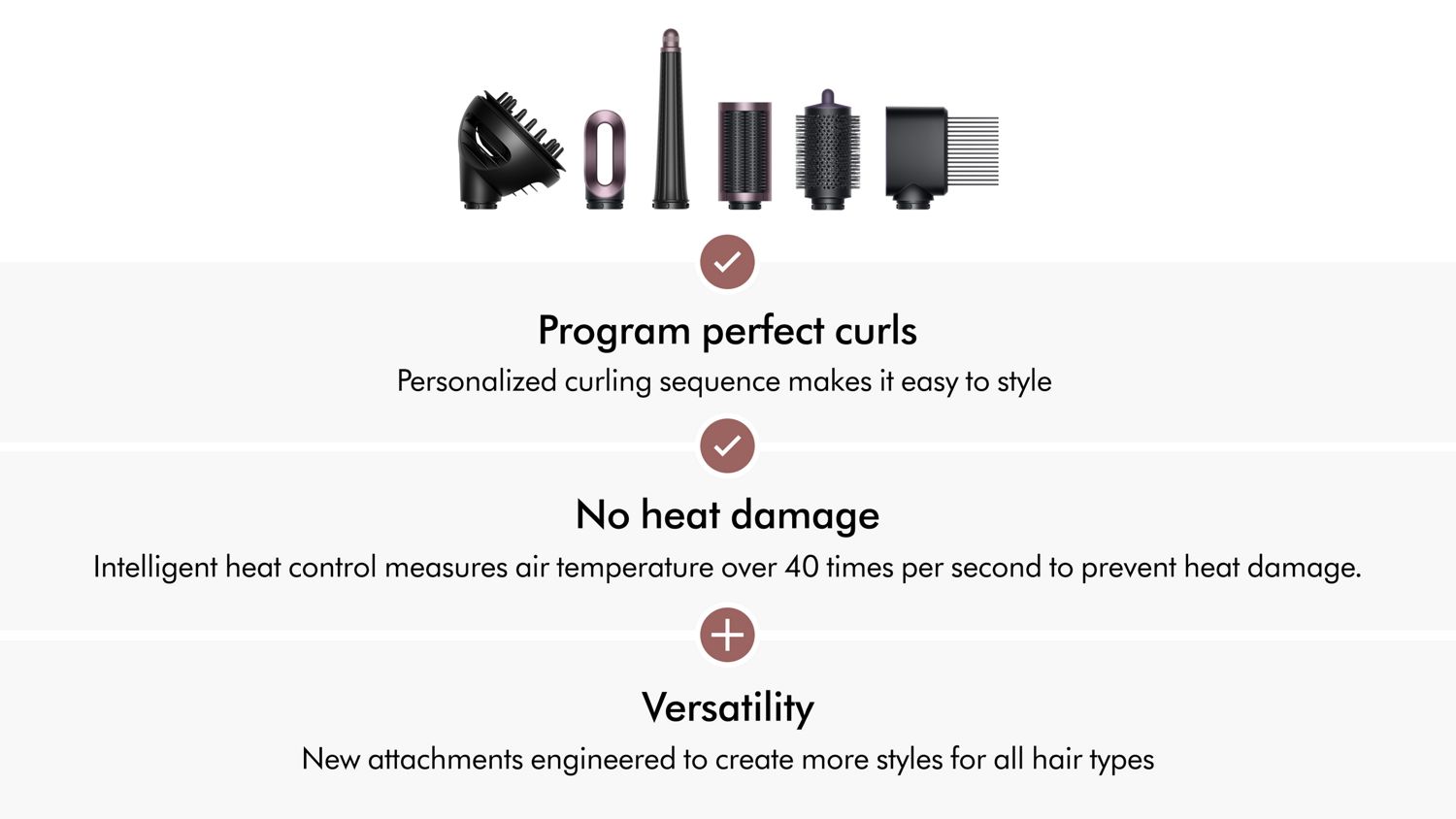 The Dyson Airwrap ID Curly and Coily attachments and list of product benefits.