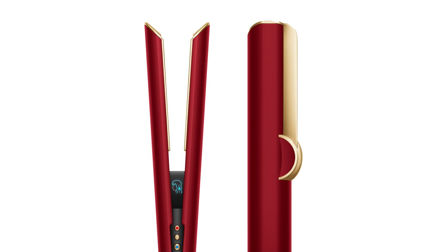 The Dyson Airstrait straightener in Red velvet and gold shown front and side on.