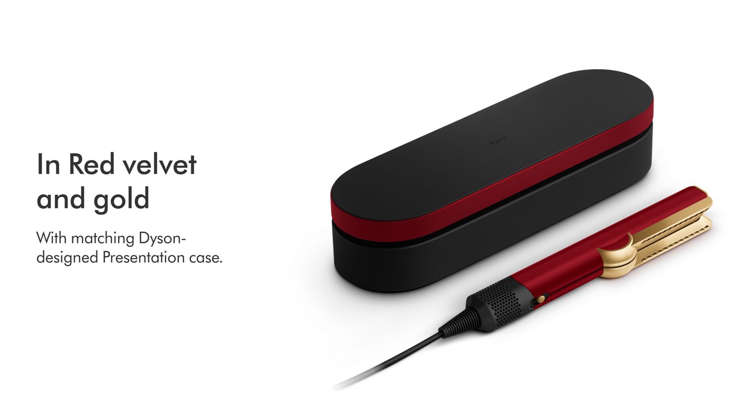 The Dyson Airstrait straightener in Red velvet and gold shown beside a matching Presentation case.