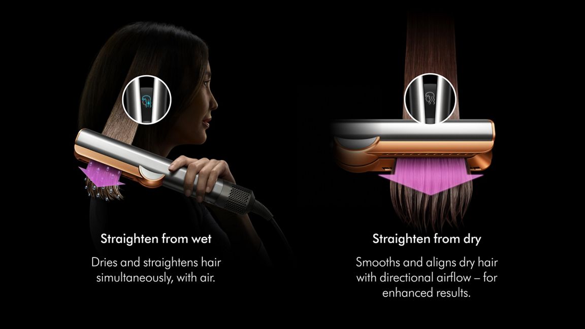 A model with long sleek hair using the Dyson Airstrait straightener with text describing how to straighten wet hair and dry hair 