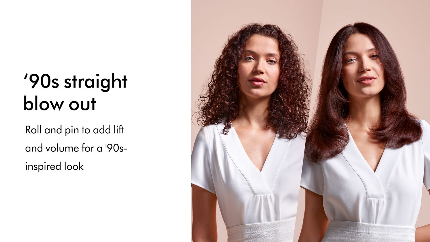 A model with mid-length curly brown hair before styling, with hair wet, and then shown after having used the Dyson Airstrait straightener.