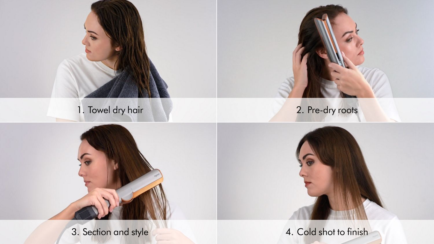 A grid of four images shows a model demonstrating the steps to use the Dyson Airstrait straightener, including drying and styling.