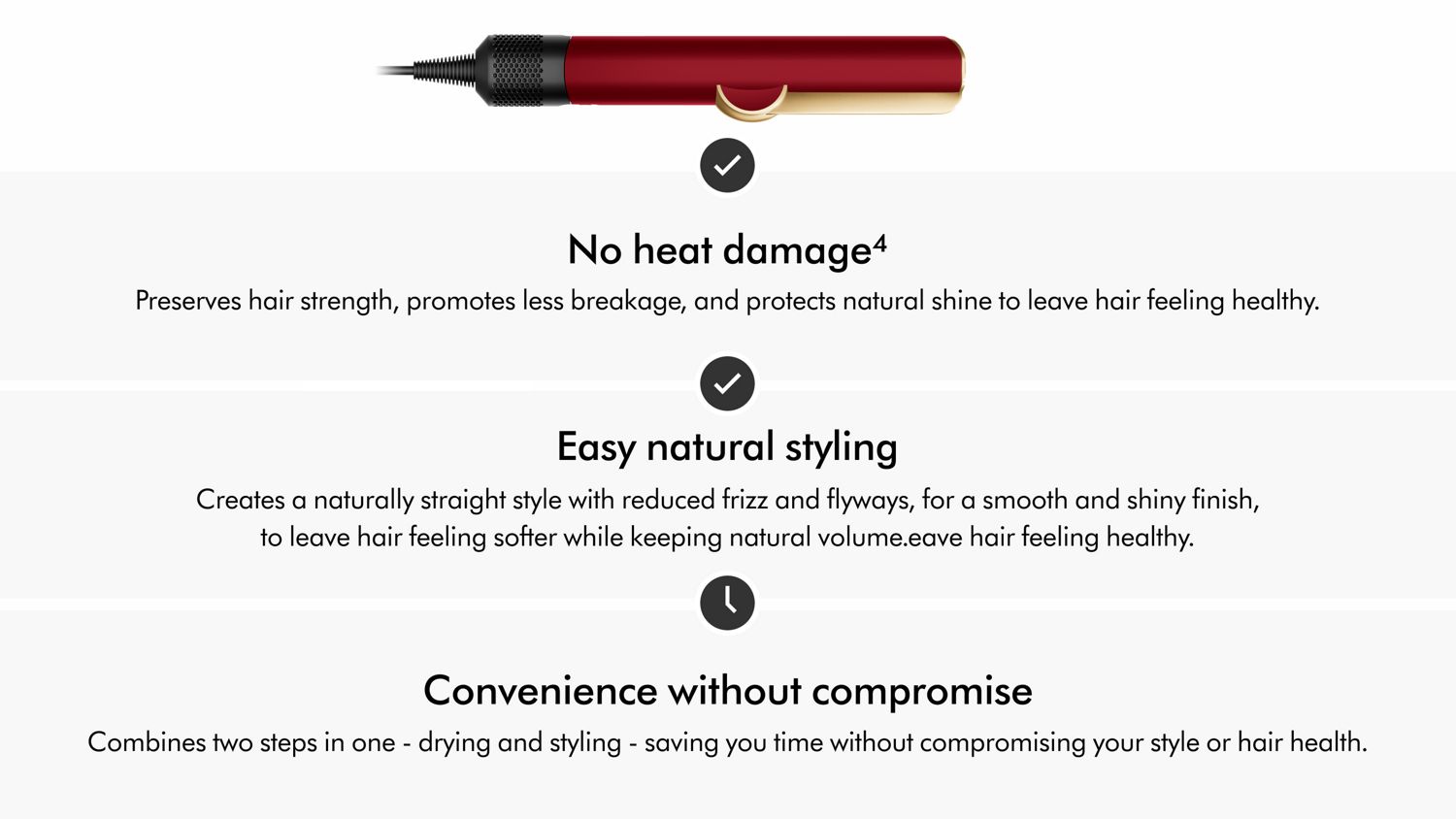 The Dyson Airstrait straightener in shown straightening hair from wet and from dry in two images which sit beside one another.