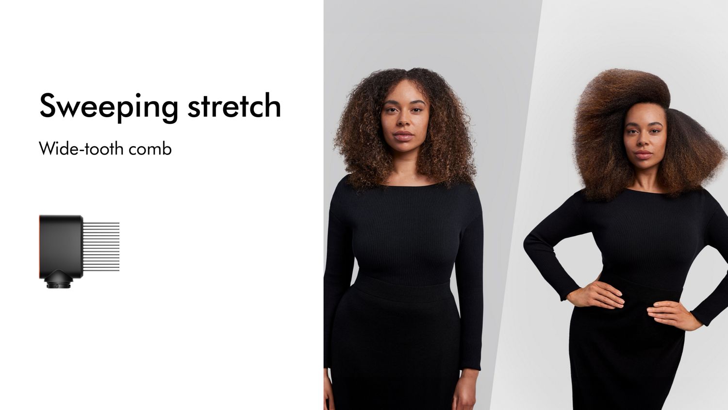 A model with type 4 hair before and after styling hair in a stretched blowout with the Dyson Airwrap i.d. multi-styler and dryer.