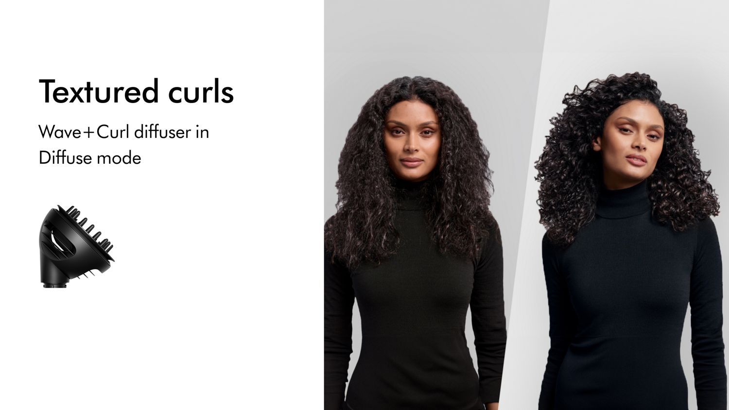 A model before and after styling hair in enhanced natural curls with the Dyson Airwrap i.d. multi-styler and dryer.