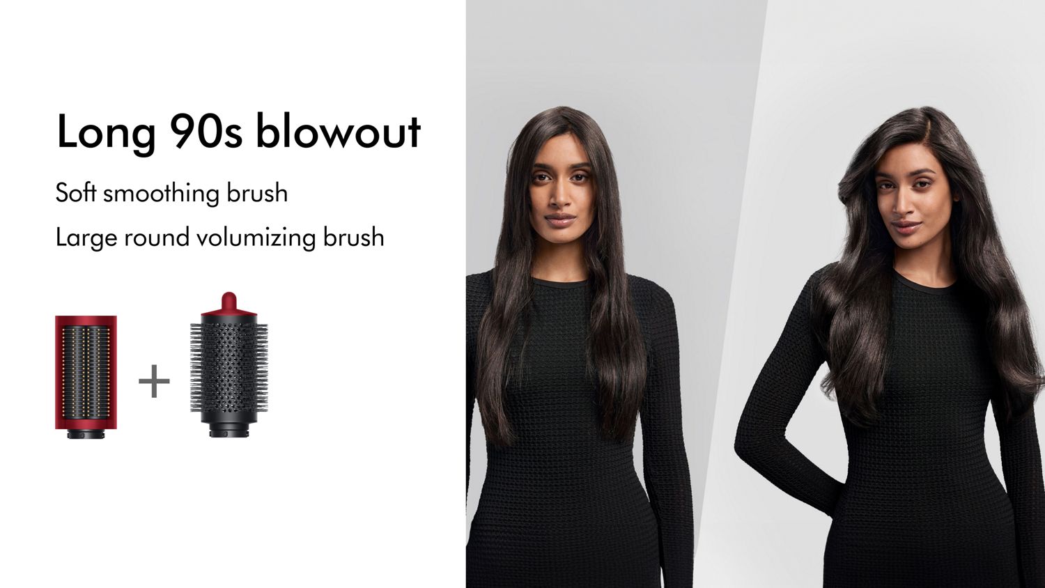 A model before and after styling hair in a '90s blowout with the Dyson Airwrap i.d. multi-styler and dryer.