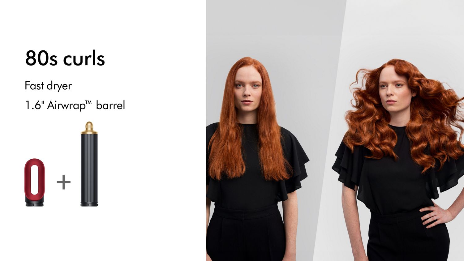 A model before and after styling hair in glamorous curls with the Dyson Airwrap i.d. multi-styler and dryer.