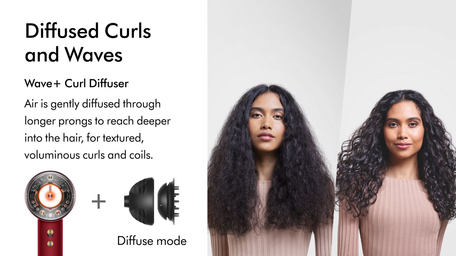 A model with curly hair shown before and after using the Dyson Supersonic Nural hair dryer to style her hair in smooth enhanced natural curls.