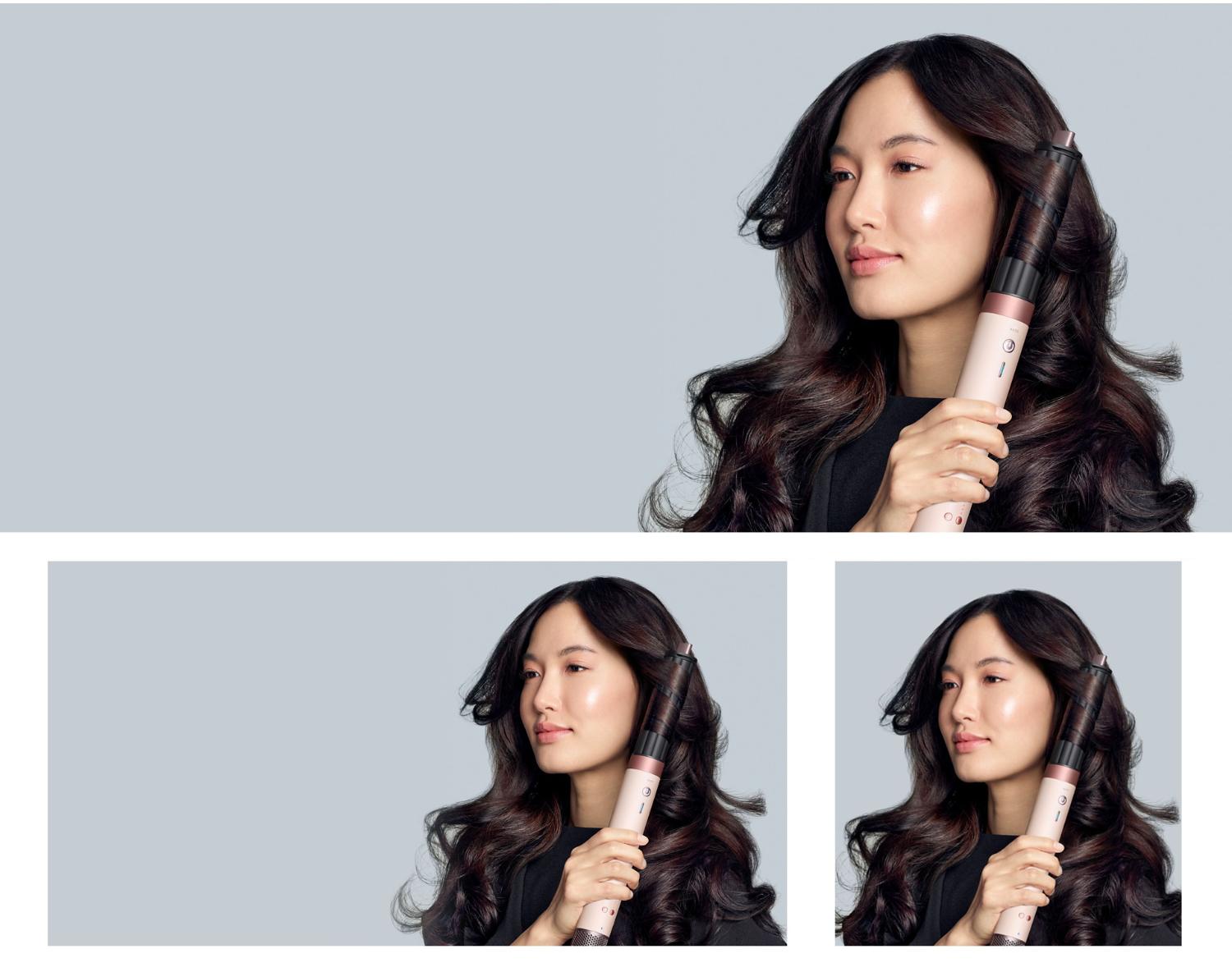 The Dyson Airwrap Co-anda2x various attachments being used to style models’ hair in different ways.