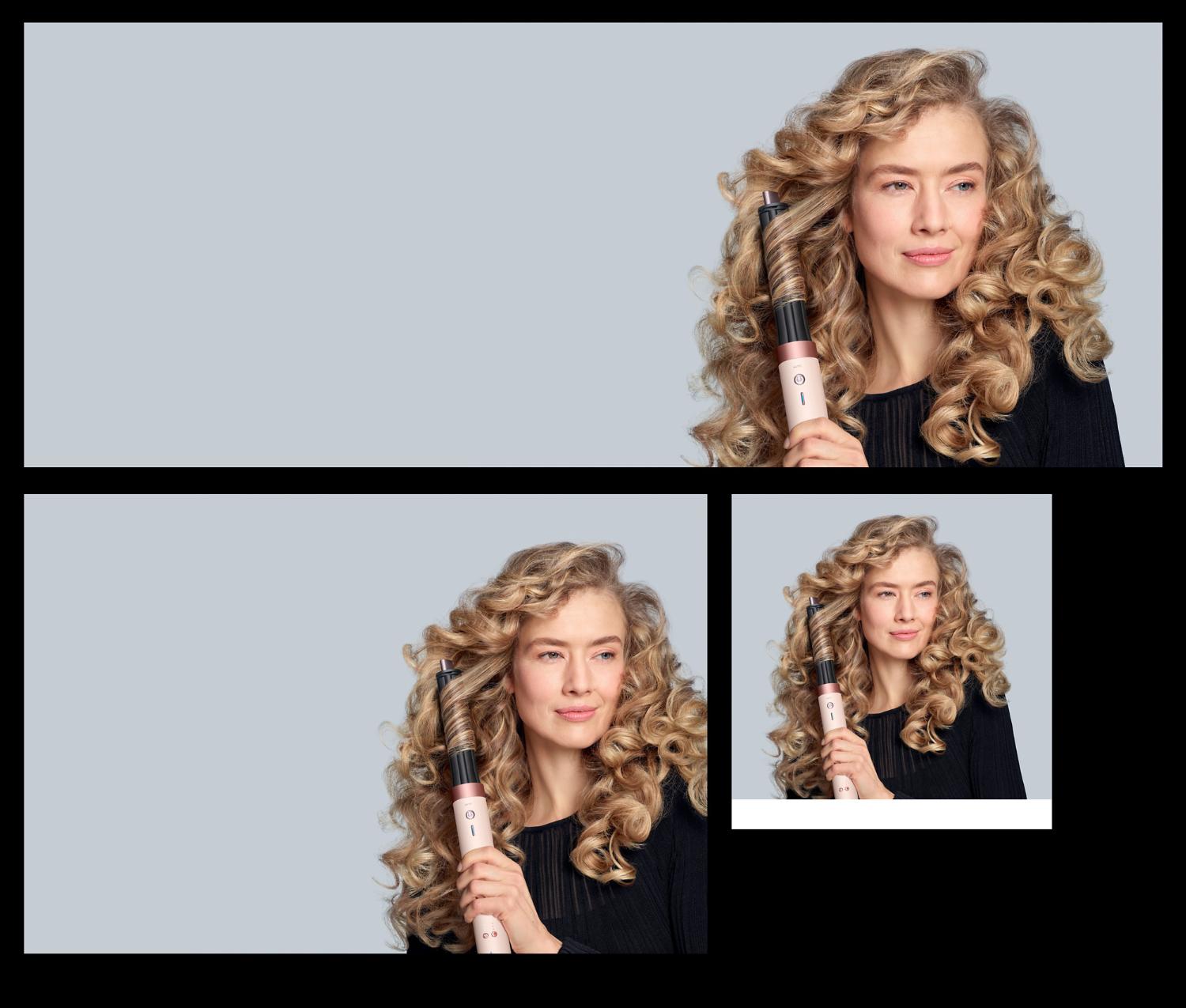 A model diffuses her coily hair using the Dyson Airwrap Co-anda2x multi-styler and dryer.
