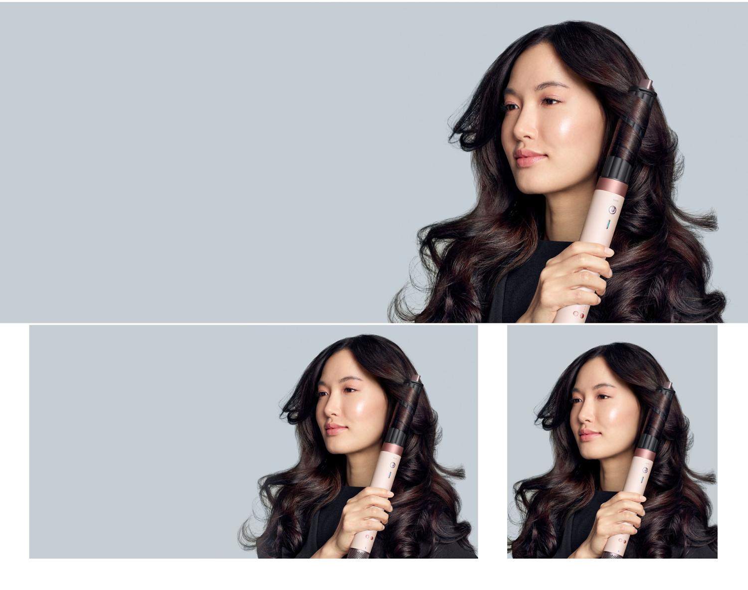 Ein Model mit dunklen Haaren kreiert Locken mit dem Dyson Airwrap Co-anda2x Multi-Haarstyler und -trockner.