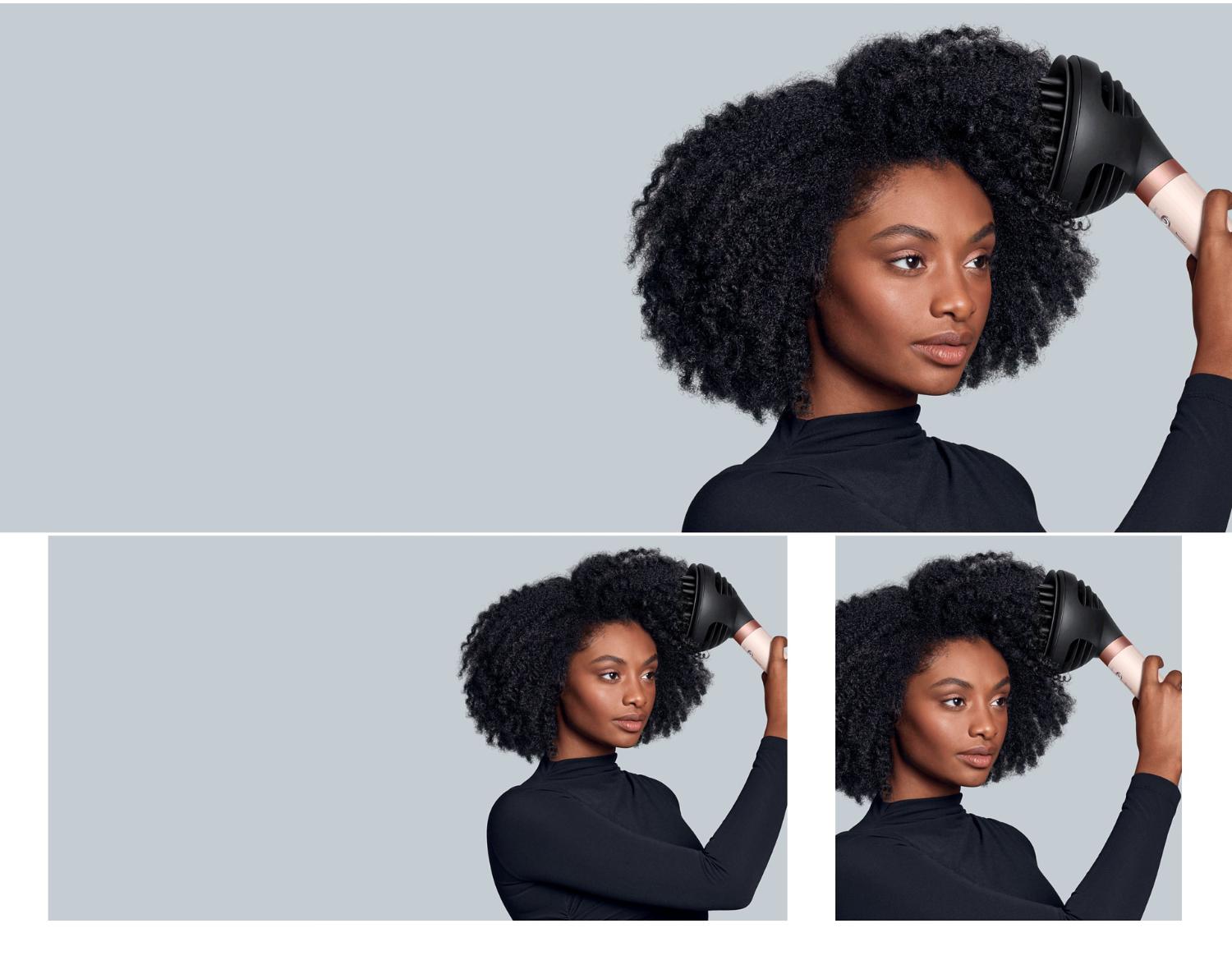 A model diffuses her coily hair using the Dyson Airwrap Co-anda2x multi-styler and dryer.