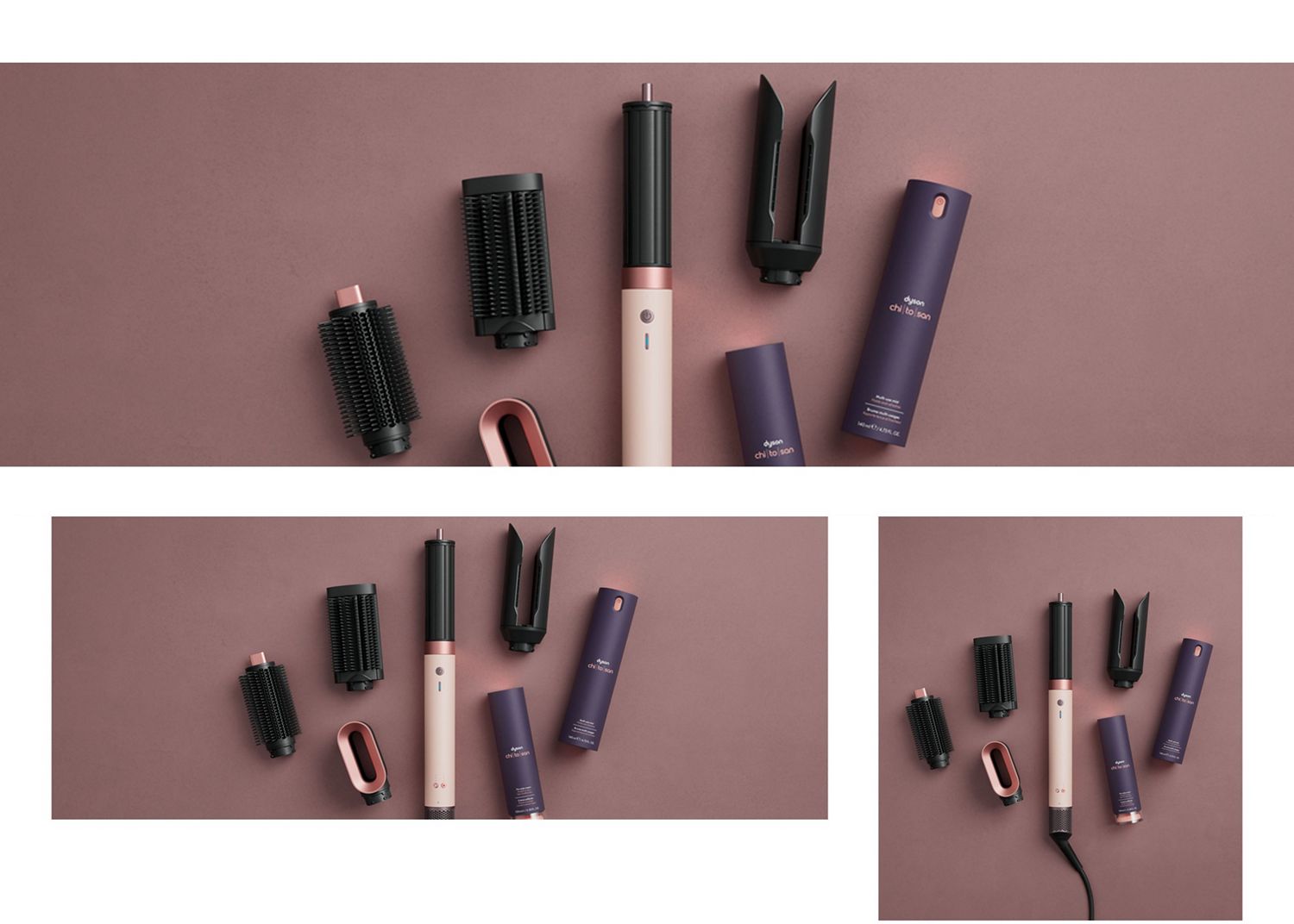 Dyson Chitosan-muotoilusarja ja Airwrap Co-anda2x -monitoiminen muotoilulaite valikoimalla lisäosia.