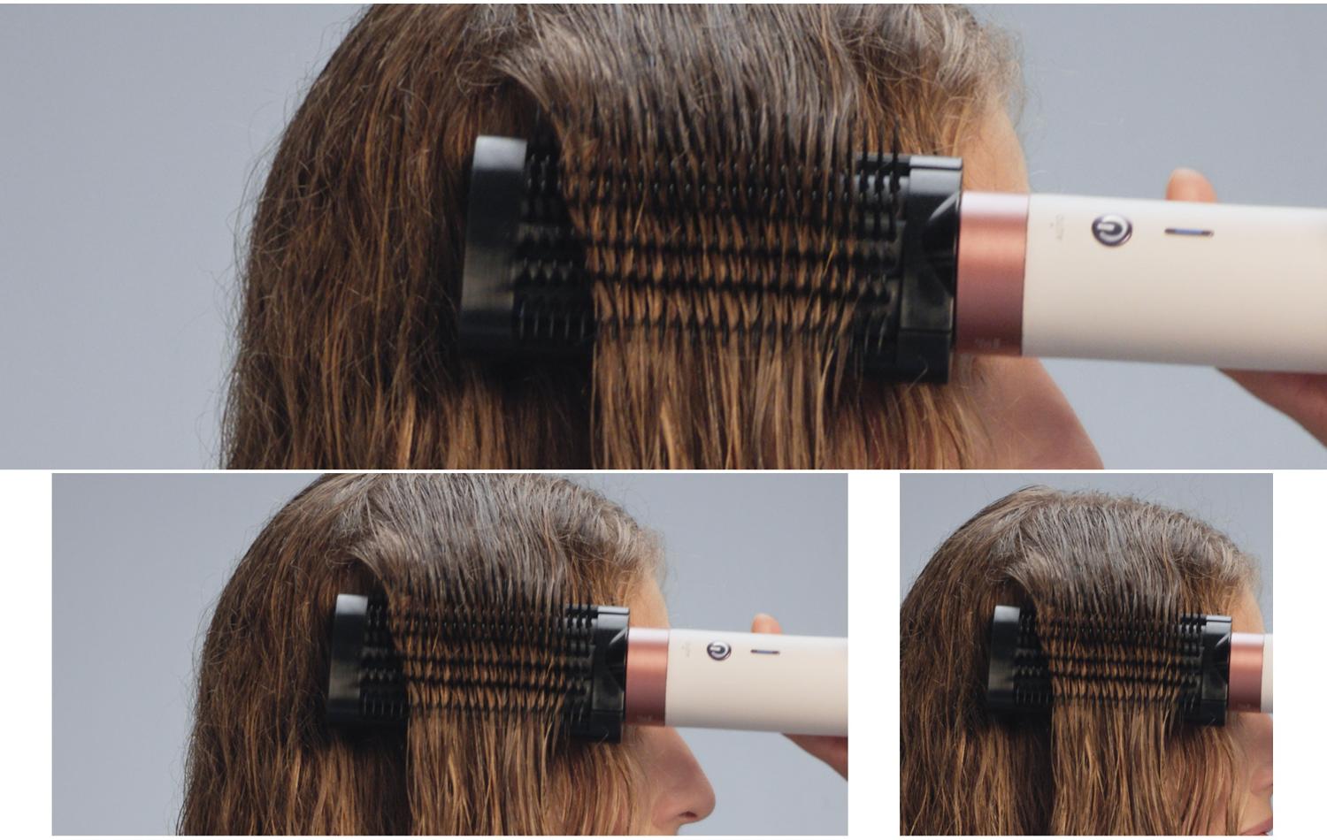 The Anti-snag loop brush 2x being used by a model to style her hair.