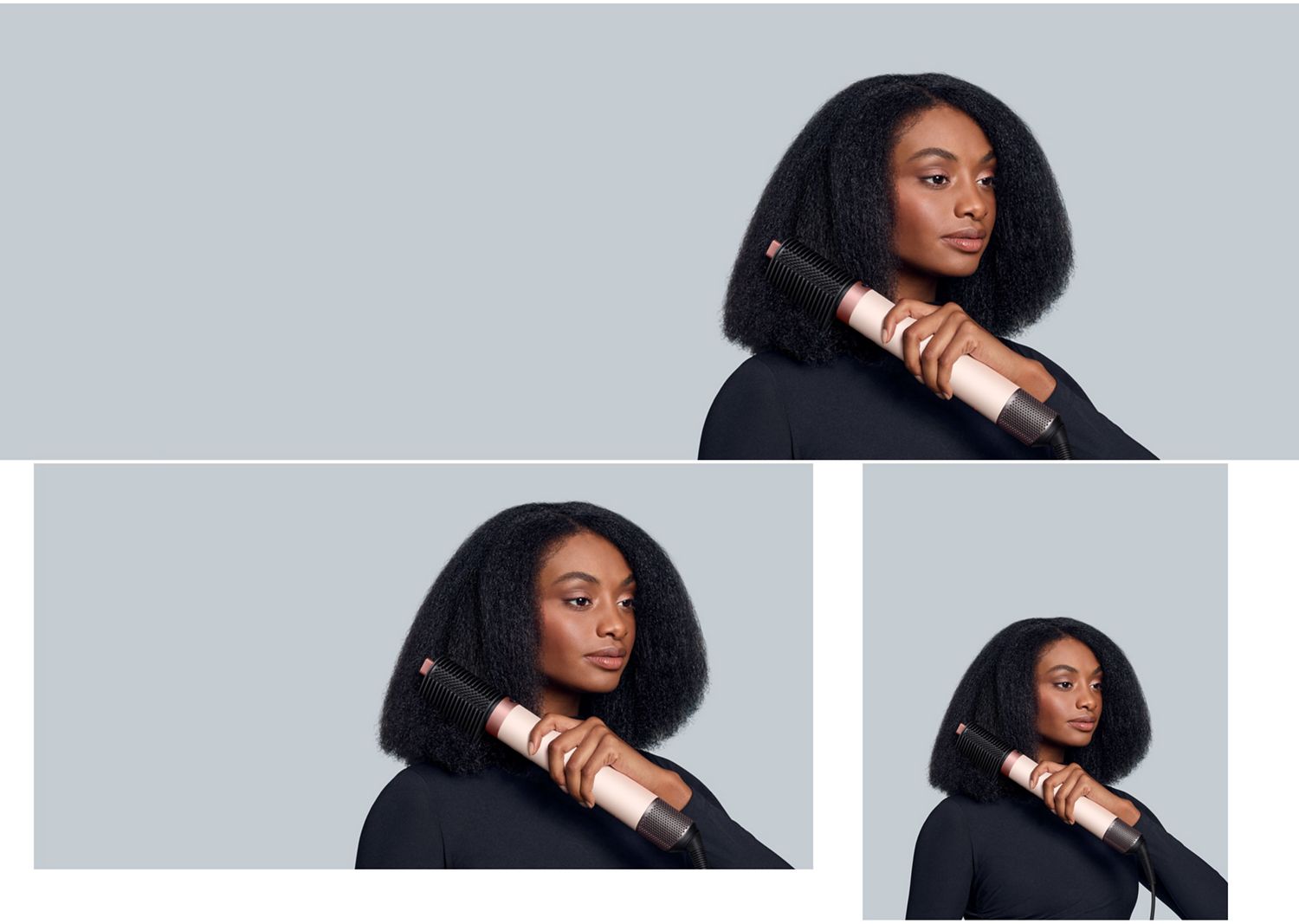 A model stretches and smooths her hair using the Tension comb 2x and the Dyson Airwrap Co-anda2x multi-styler and dryer. A model stretches and smooths her hair using the Tension comb 2x and the Dyson Airwrap Co-anda2x multi-styler and dryer.