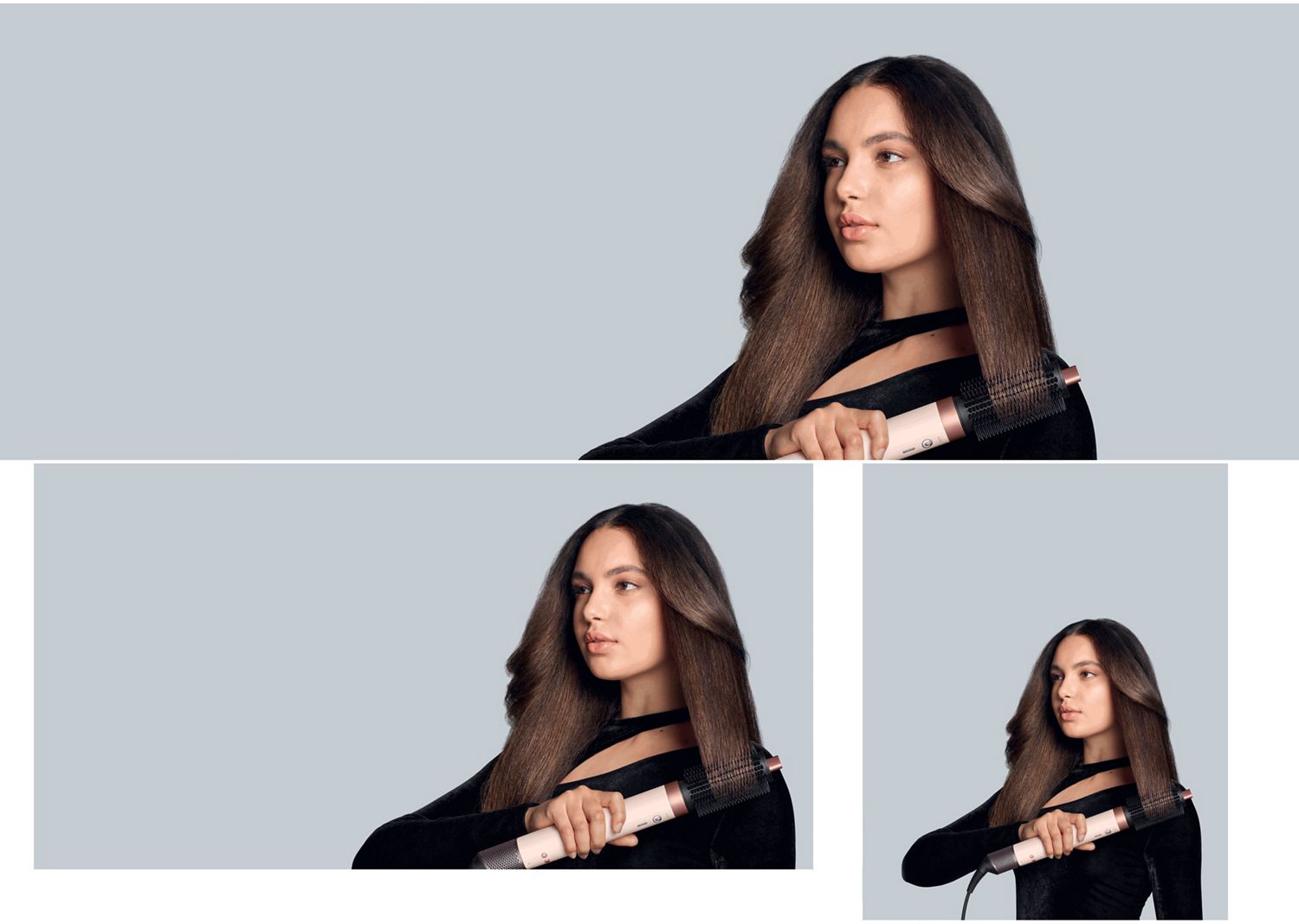 The Dyson Airwrap Co-anda2x multi-styler and dryer with the Round volumizing brush 2x attachment used by a model. The Dyson Airwrap Co-anda2x multi-styler and dryer with the Round volumising brush 2x attachment.