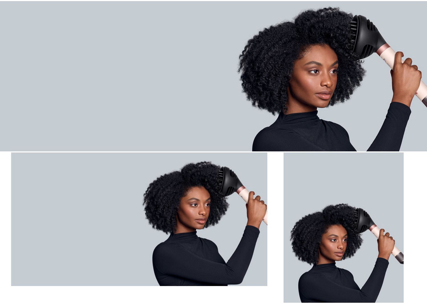 A model diffuses her hair using the Dyson Airwrap Co-anda2x multi-styler and dryer and the Wave+Curl diffuser 2x attachment. A model diffuses her hair using the Dyson Airwrap Co-anda2x multi-styler and dryer and the Wave+Curl diffuser 2x attachment.