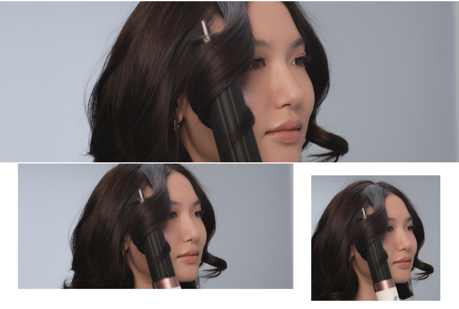A model runs her ID curl personalised curling sequence on her Airwrap Coanda-2x multi-styler and dryer.