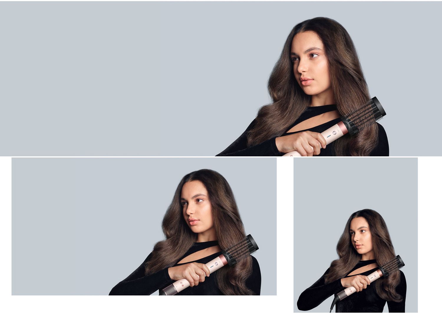 The Dyson Airwrap Co-anda2x multi-styler and dryer with the Anti-snag loop brush 2x attachment used by a model. The Dyson Airwrap Co-anda2x multi-styler and dryer with the Anti-snag loop brush 2x attachment.