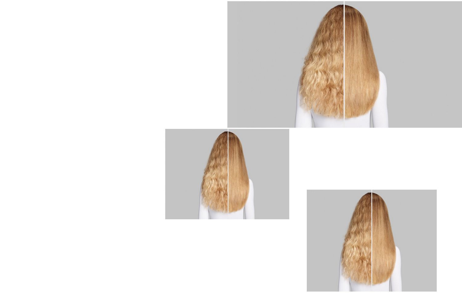 Before and after of model with long, smooth, straight hair. Before and after of model with long, smooth, straight hair.